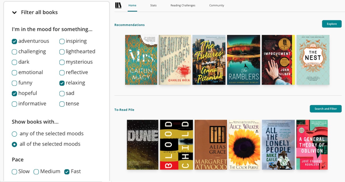 Screenshot of The StoryGraph's homepage with two rows of books covers. The top row is titled 'Recommendations' and the bottom row is titled 'To-Read Pile'. Overlayed, on the left, is the mobile view of a filter menu. There are options to select mood and pace.