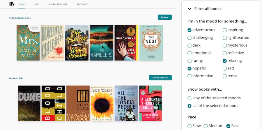 Screenshot of The StoryGraph's homepage with two rows of books covers. The top row is titled 'Recommendations' and the bottom row is titled 'To-Read Pile'. Overlayed, on the right, is the mobile view of a filter menu. There are options to select mood and pace.