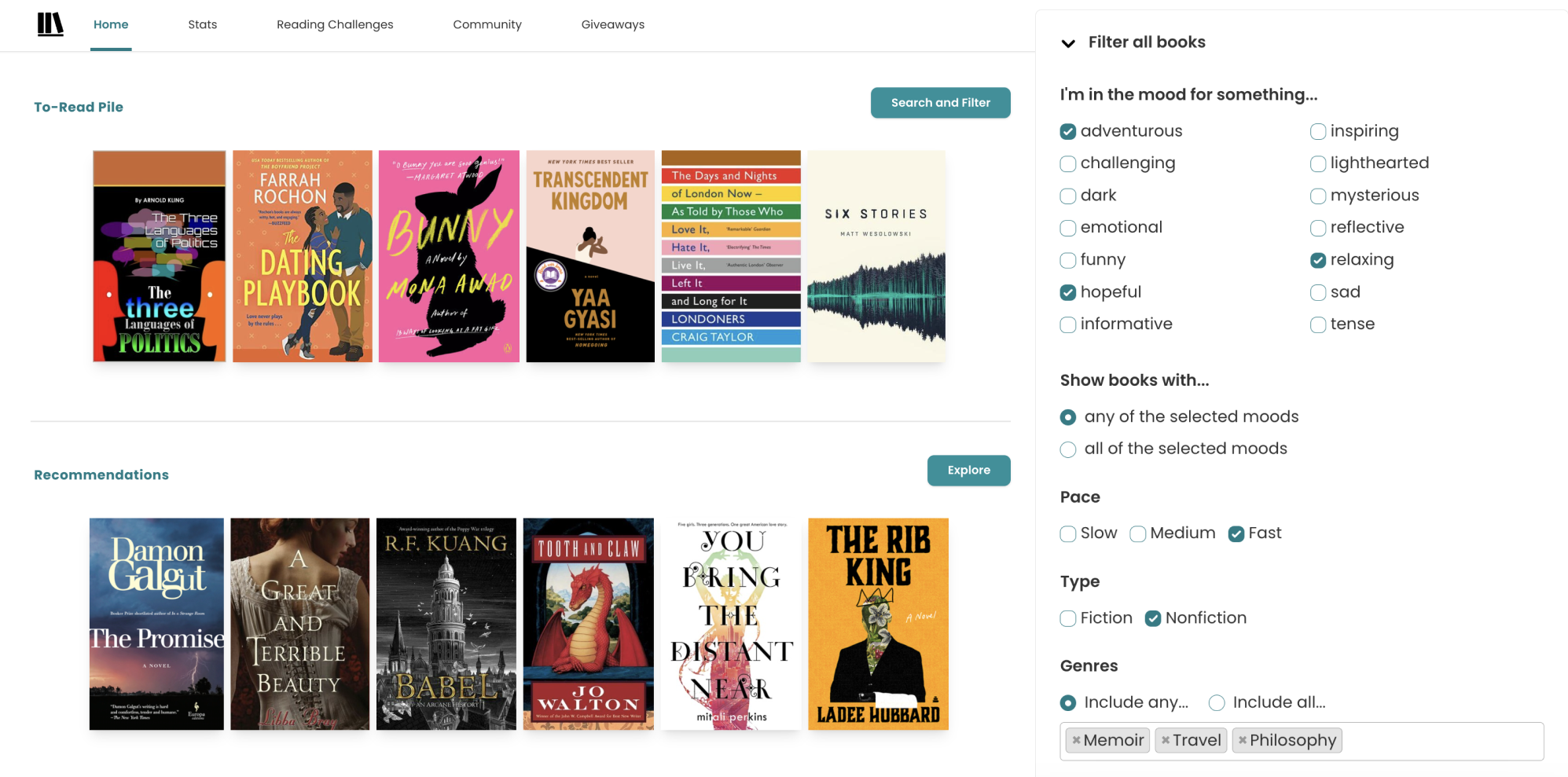 Screenshot of The StoryGraph's homepage with two rows of books covers. The top row is titled 'To-Read Pile' and the bottom row is titled 'Recommendations'. Overlayed, on the right, is the mobile view of a filter menu. There are options to select mood, pace, fiction or nonfiction, and genres.